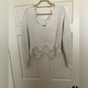 Fashion Nova White V-Neck Sweater with Scalloped Hem